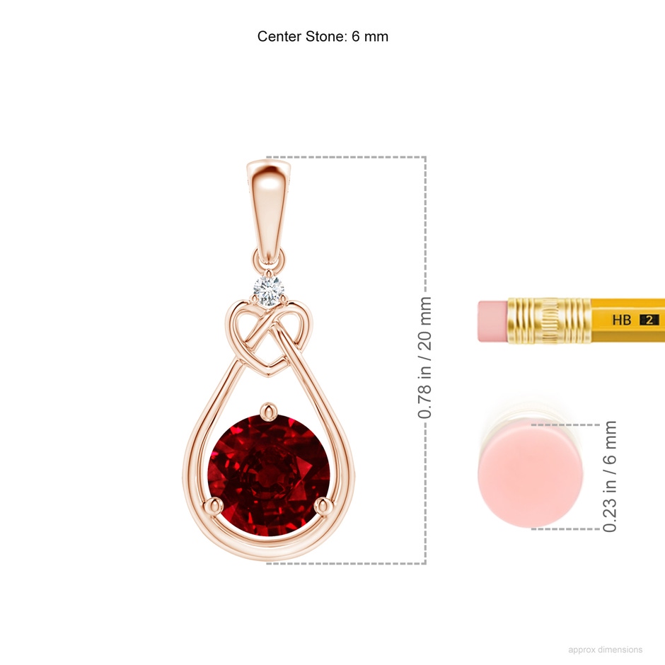 6mm AAAA Ruby Knotted Heart Pendant with Diamond in Rose Gold ruler