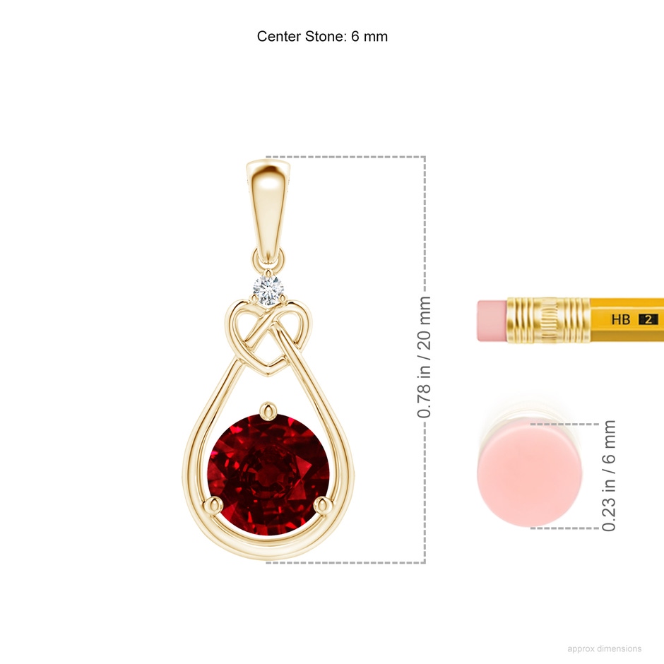 6mm AAAA Ruby Knotted Heart Pendant with Diamond in Yellow Gold ruler