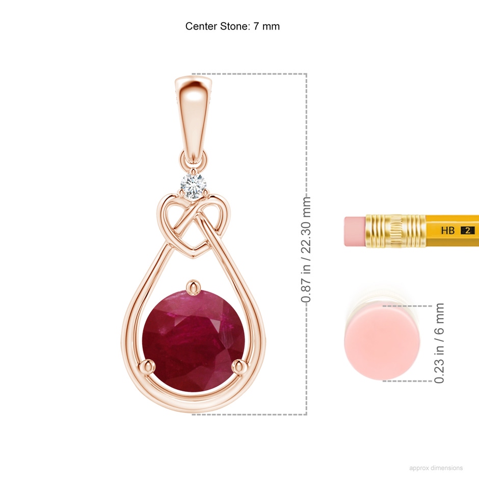 7mm A Ruby Knotted Heart Pendant with Diamond in Rose Gold ruler