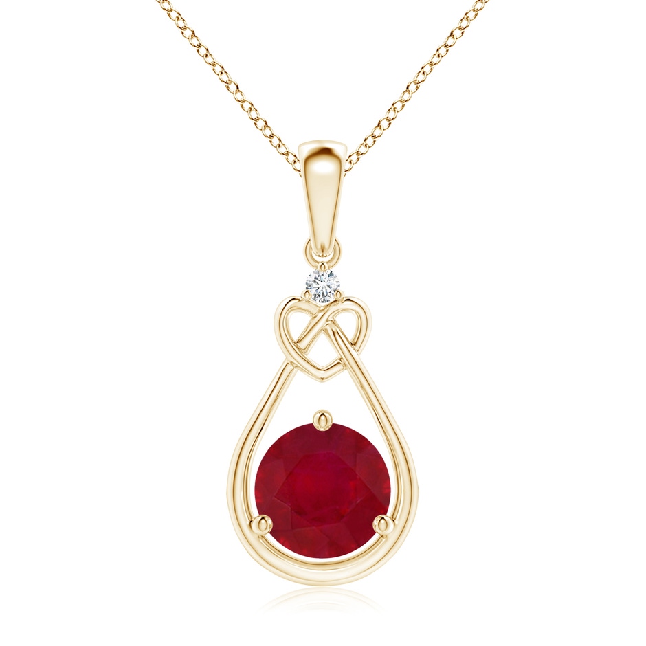 7mm AA Ruby Knotted Heart Pendant with Diamond in Yellow Gold 