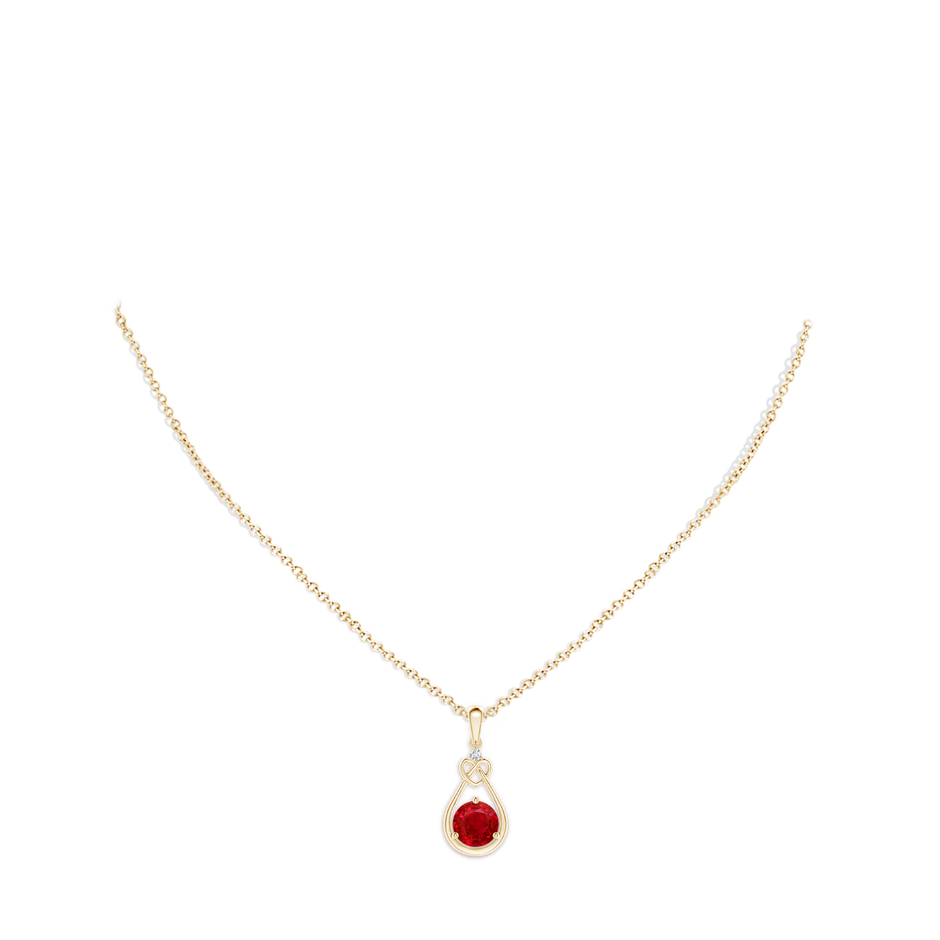7mm AAA Ruby Knotted Heart Pendant with Diamond in Yellow Gold pen