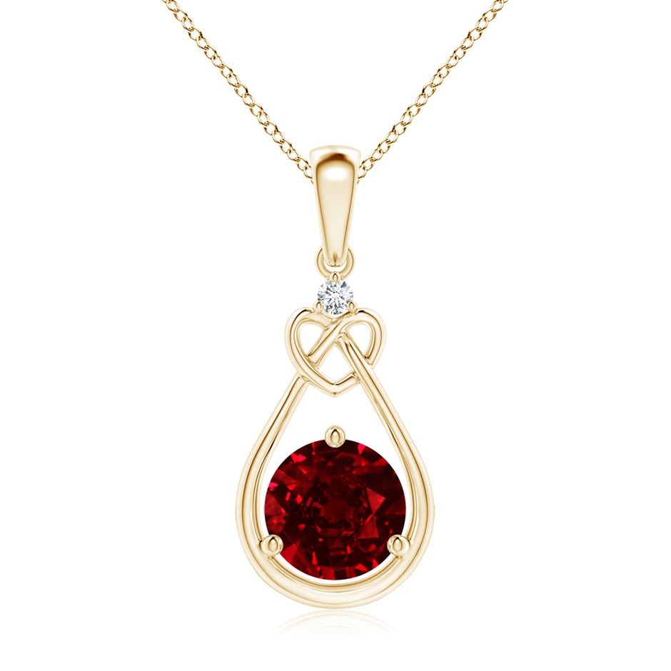 7mm AAAA Ruby Knotted Heart Pendant with Diamond in Yellow Gold 