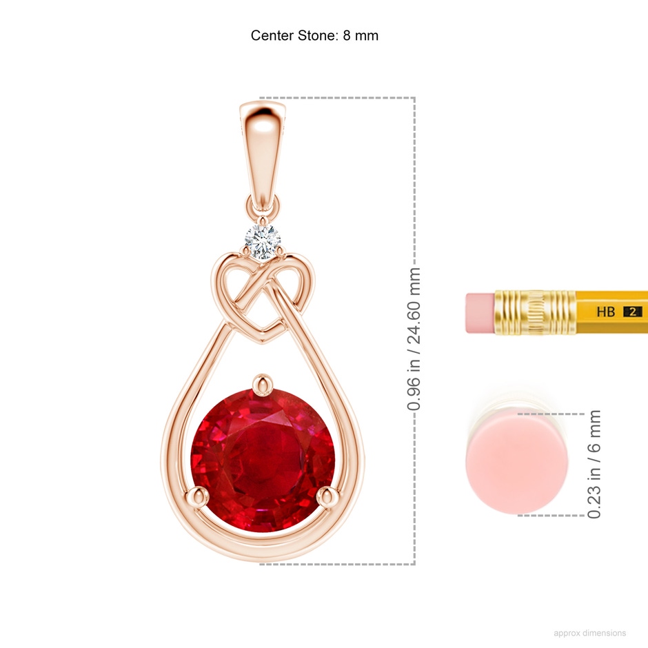 8mm AAA Ruby Knotted Heart Pendant with Diamond in Rose Gold ruler