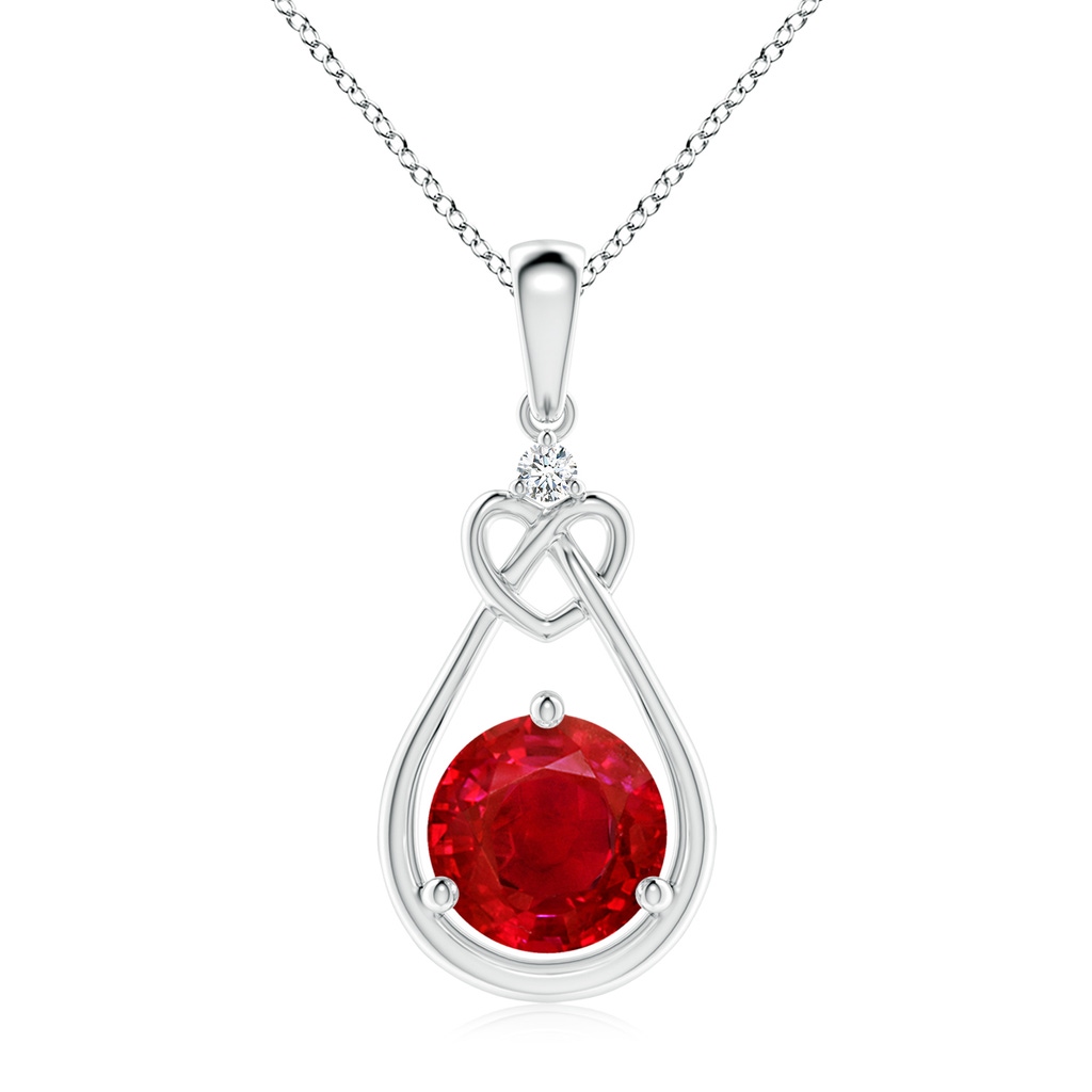 8mm AAA Ruby Knotted Heart Pendant with Diamond in White Gold 