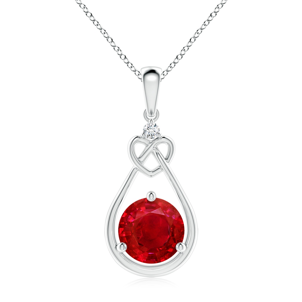 8mm AAA Ruby Knotted Heart Pendant with Diamond in White Gold