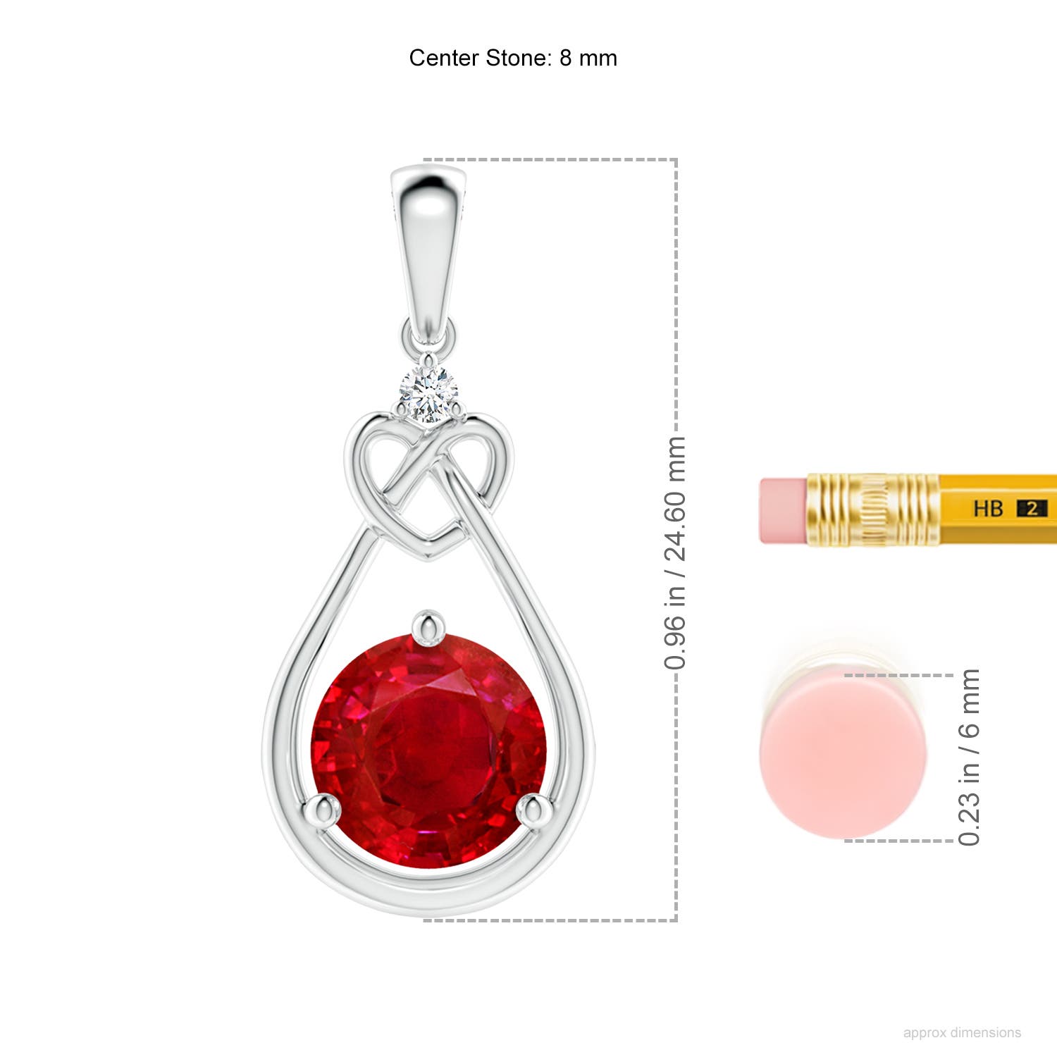 8mm AAA Ruby Knotted Heart Pendant with Diamond in White Gold - ruler