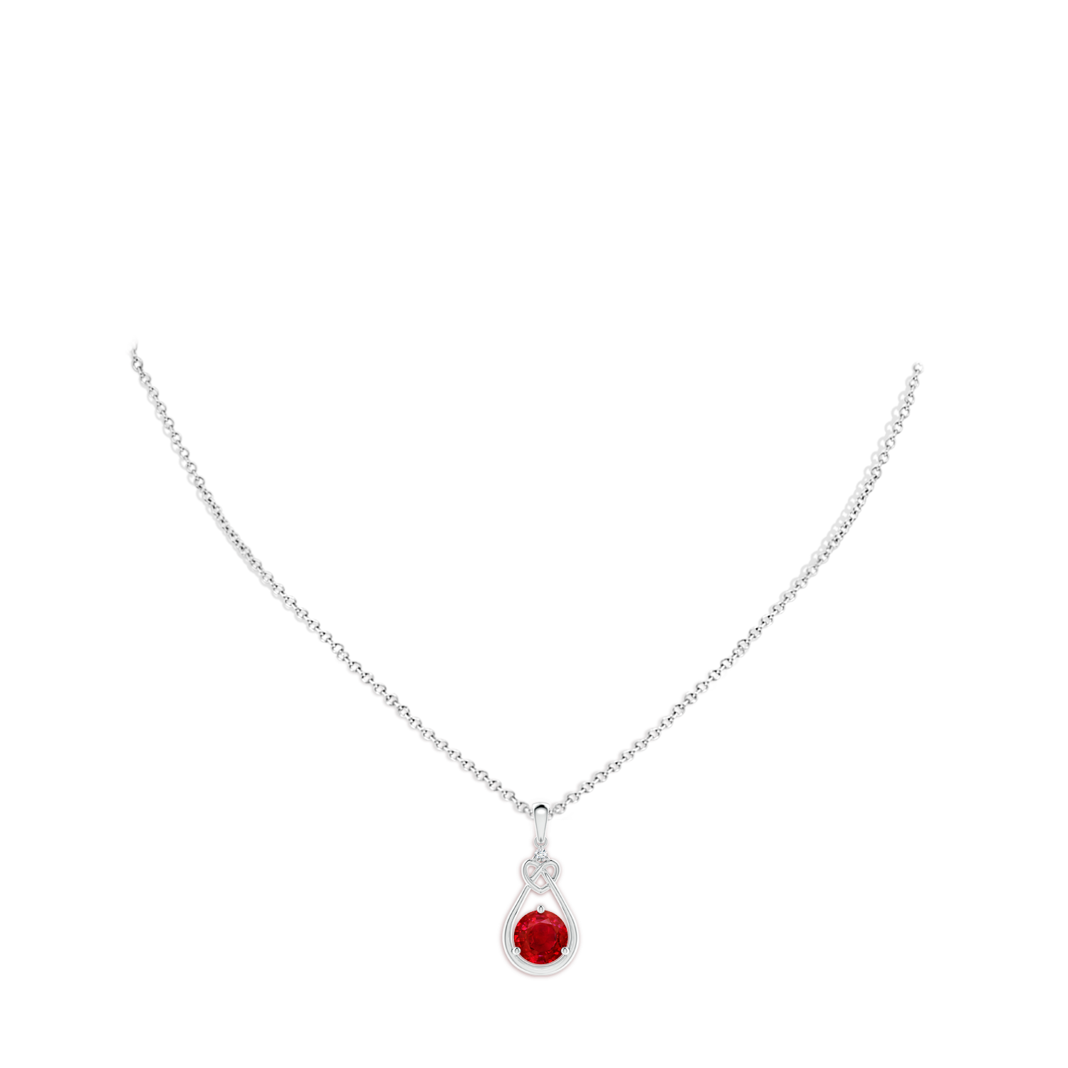 8mm AAA Ruby Knotted Heart Pendant with Diamond in White Gold - body_neck