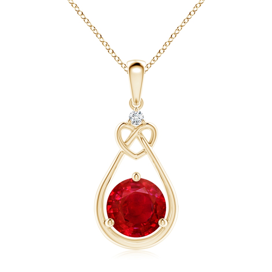 8mm AAA Ruby Knotted Heart Pendant with Diamond in Yellow Gold 