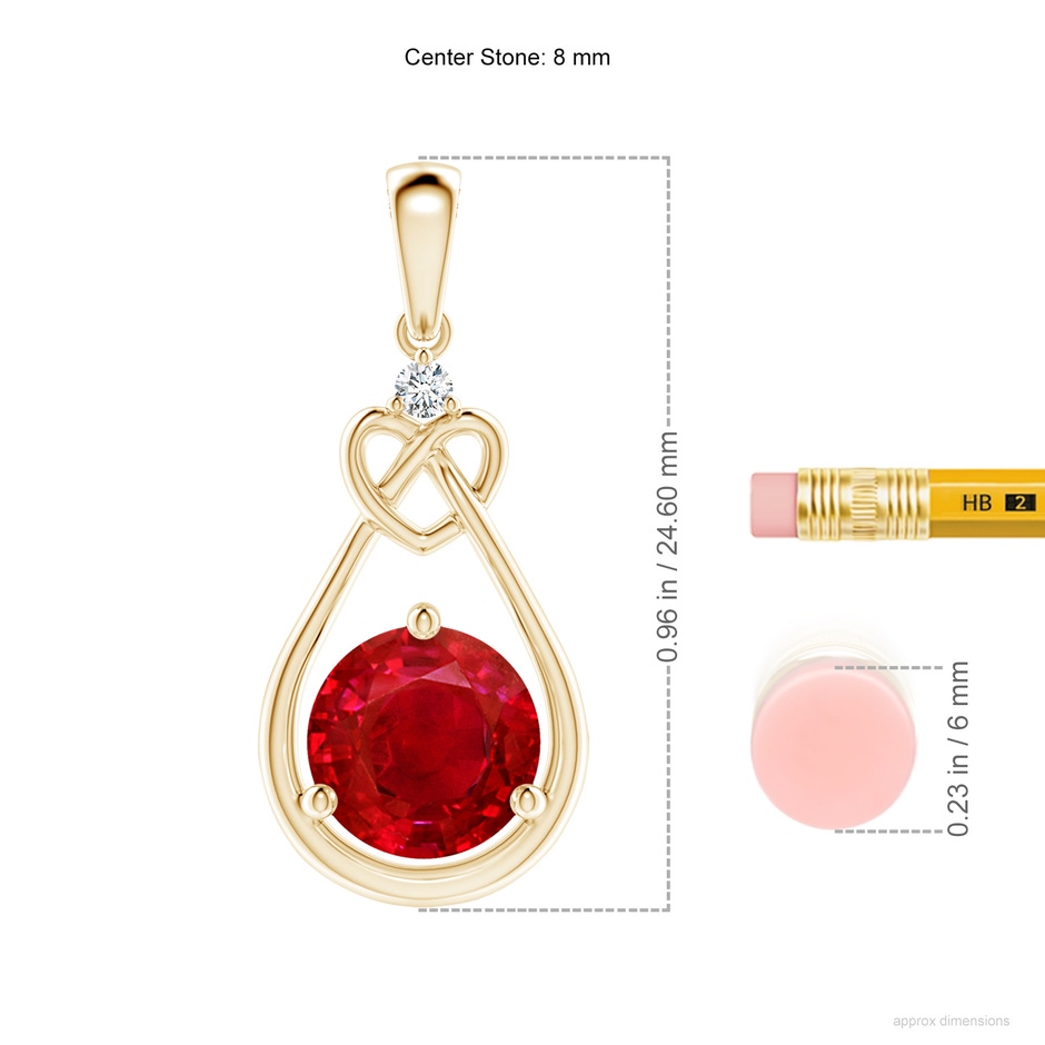 8mm AAA Ruby Knotted Heart Pendant with Diamond in Yellow Gold ruler
