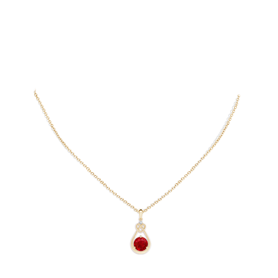 8mm AAA Ruby Knotted Heart Pendant with Diamond in Yellow Gold pen