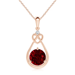 8mm AAAA Ruby Knotted Heart Pendant with Diamond in Rose Gold