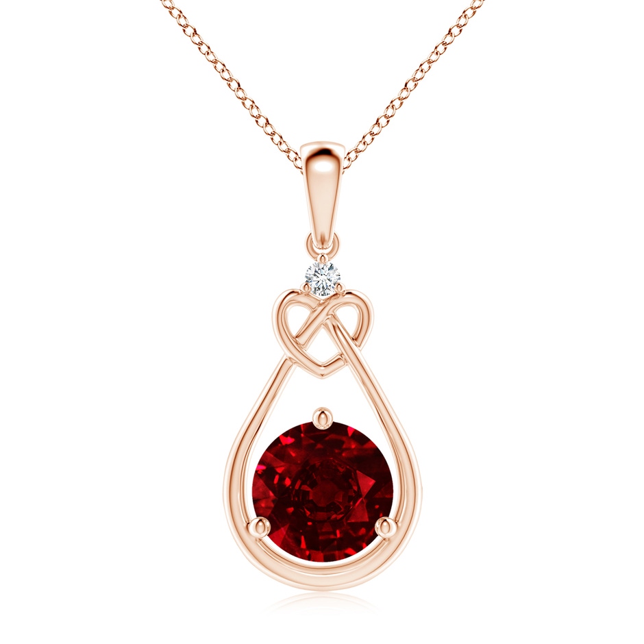 8mm AAAA Ruby Knotted Heart Pendant with Diamond in Rose Gold 