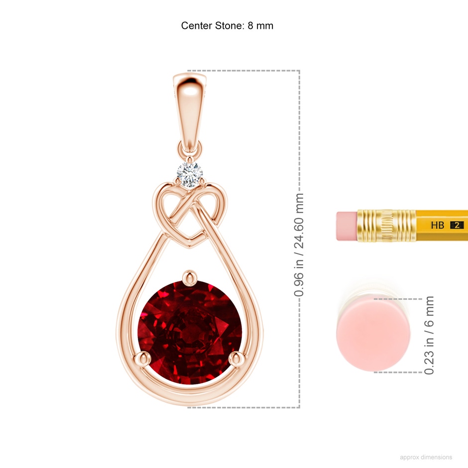 8mm AAAA Ruby Knotted Heart Pendant with Diamond in Rose Gold ruler