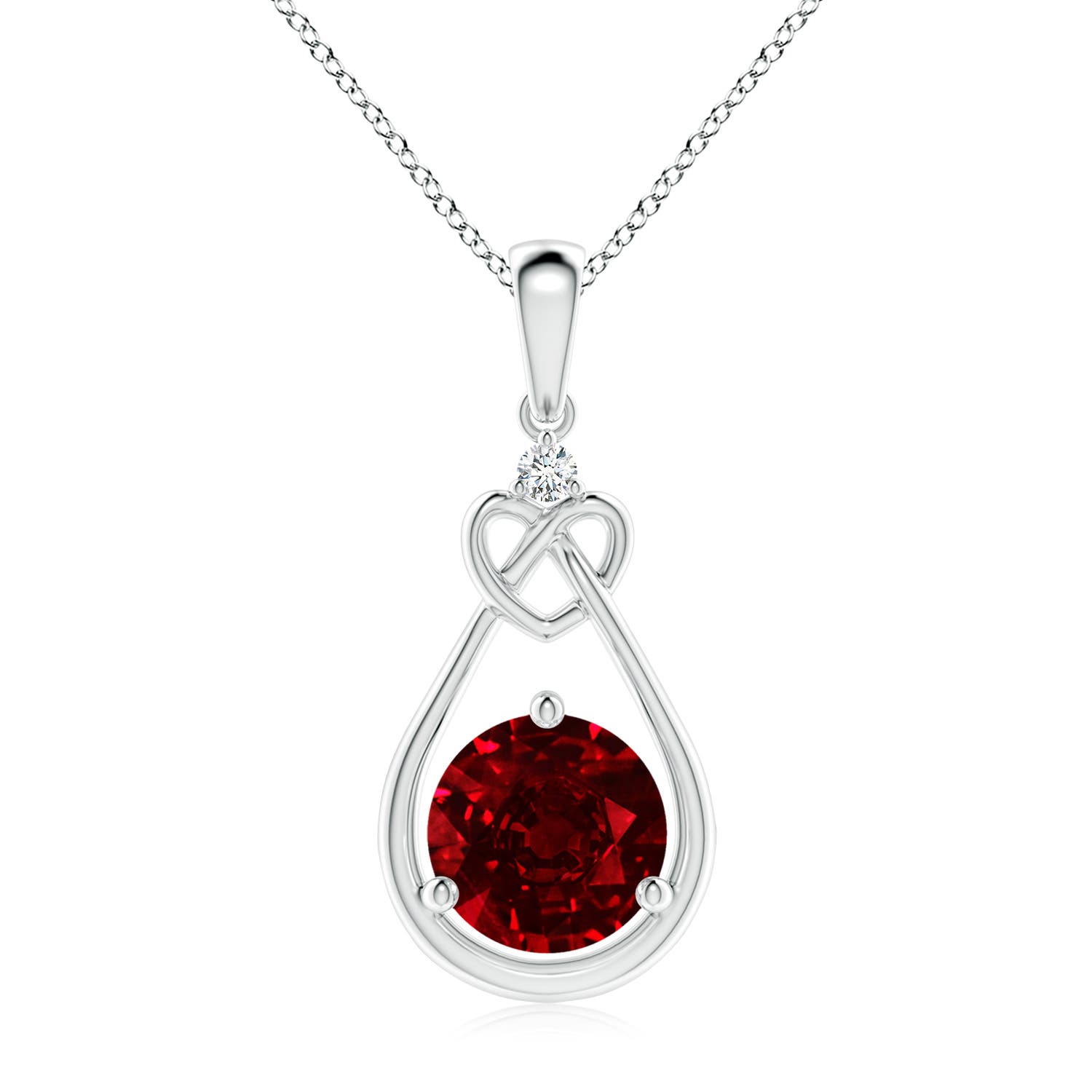8mm AAAA Ruby Knotted Heart Pendant with Diamond in White Gold