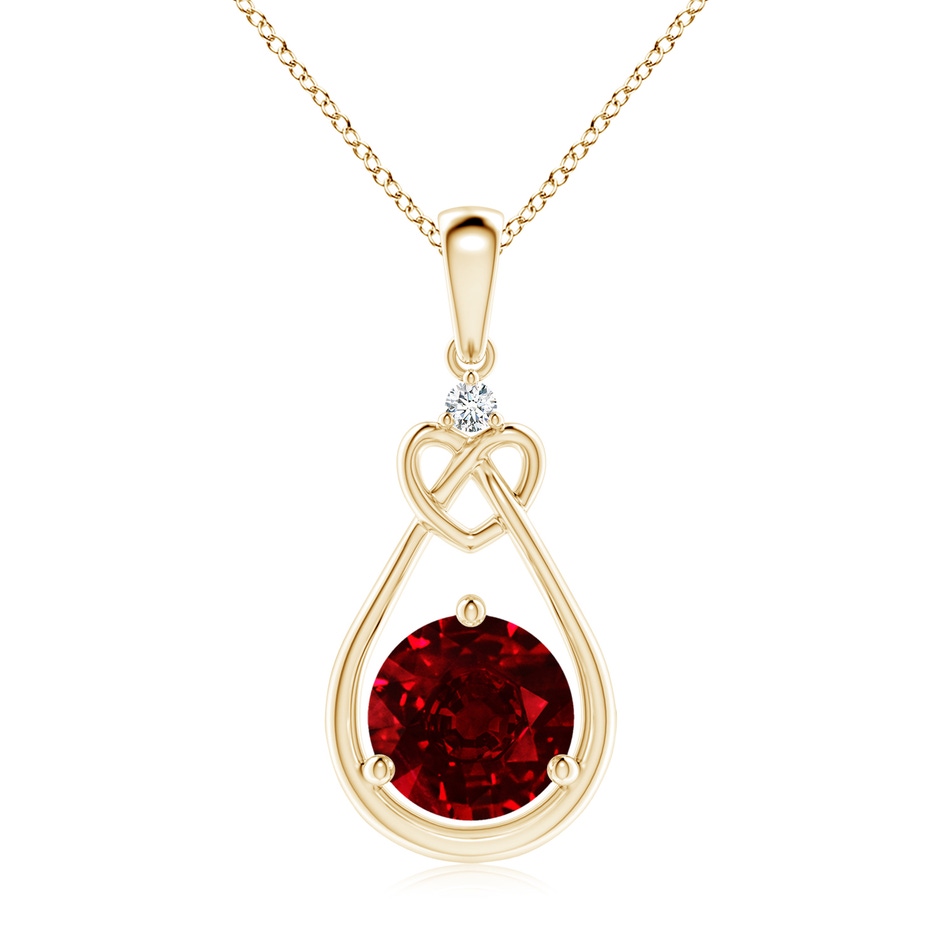 8mm AAAA Ruby Knotted Heart Pendant with Diamond in Yellow Gold 