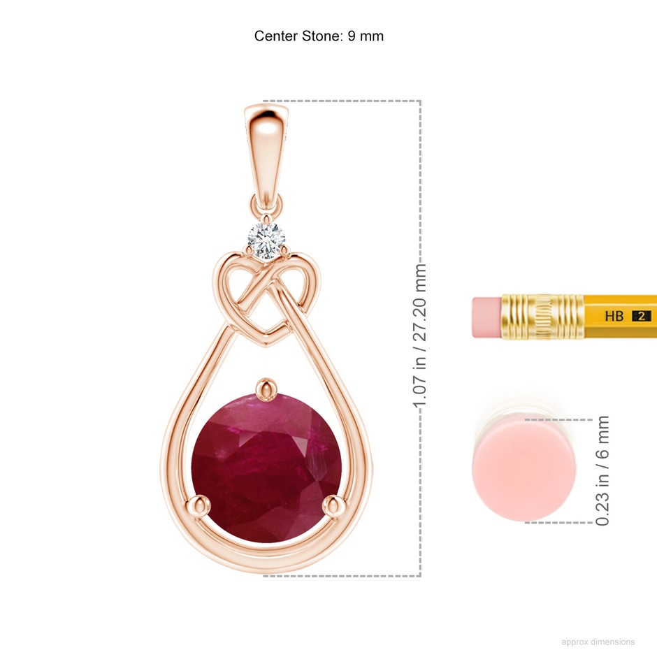 9mm A Ruby Knotted Heart Pendant with Diamond in 18K Rose Gold ruler