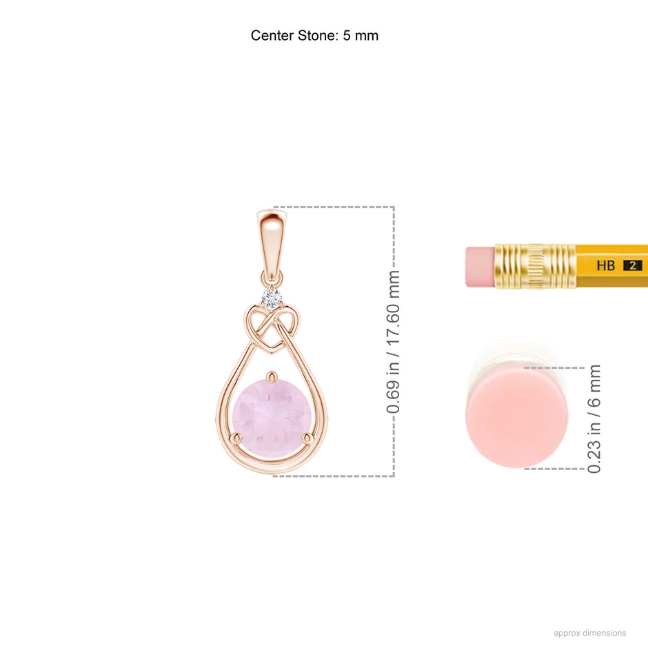 5mm AA Rose Quartz Knotted Heart Pendant with Diamond in Rose Gold ruler