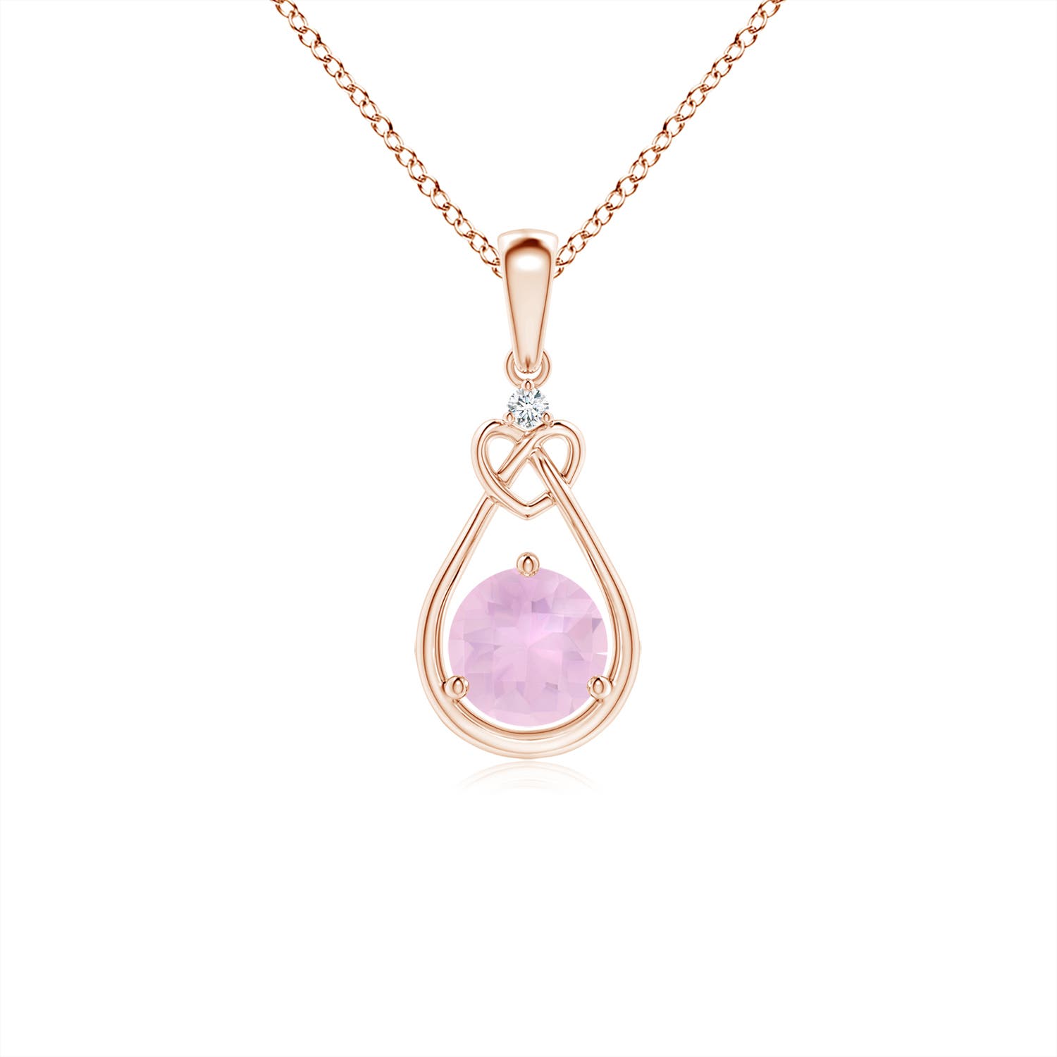 5mm AAAA Rose Quartz Knotted Heart Pendant with Diamond in Rose Gold