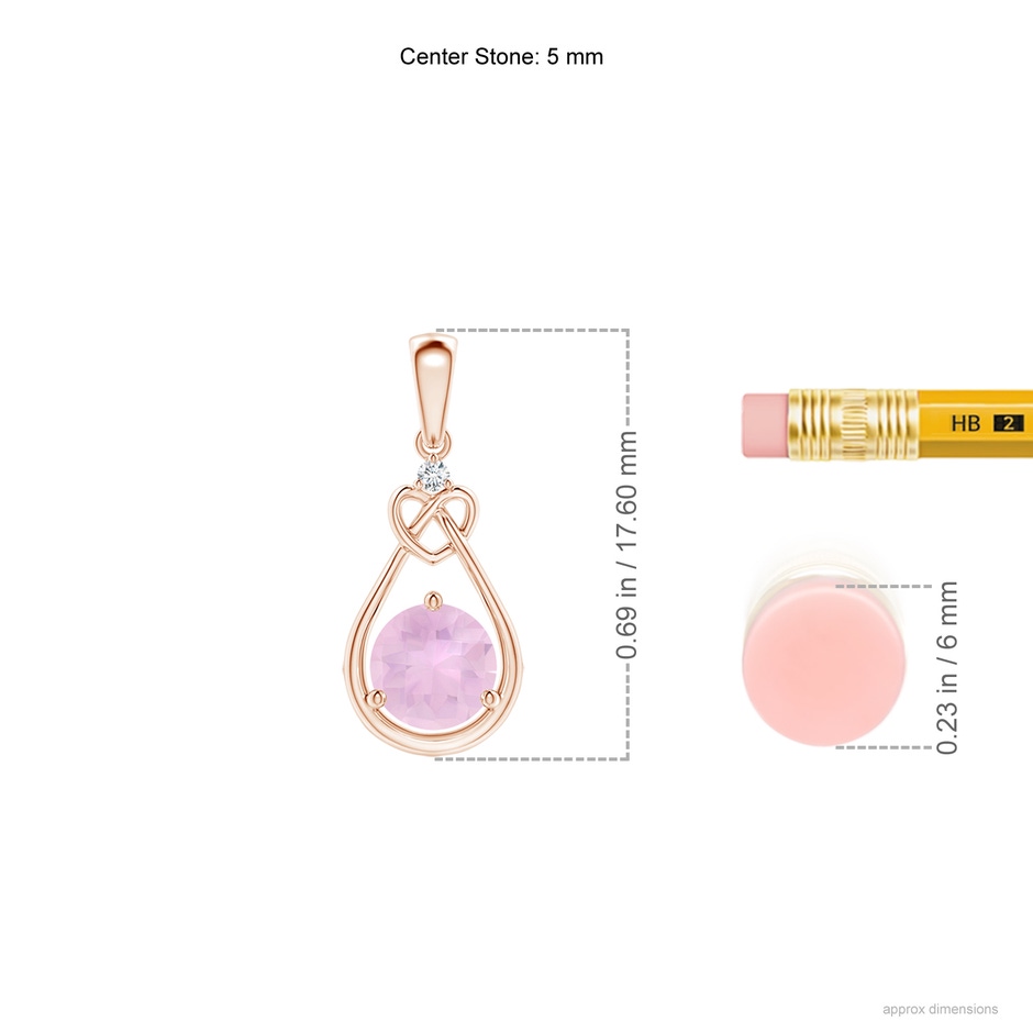 5mm AAAA Rose Quartz Knotted Heart Pendant with Diamond in Rose Gold ruler
