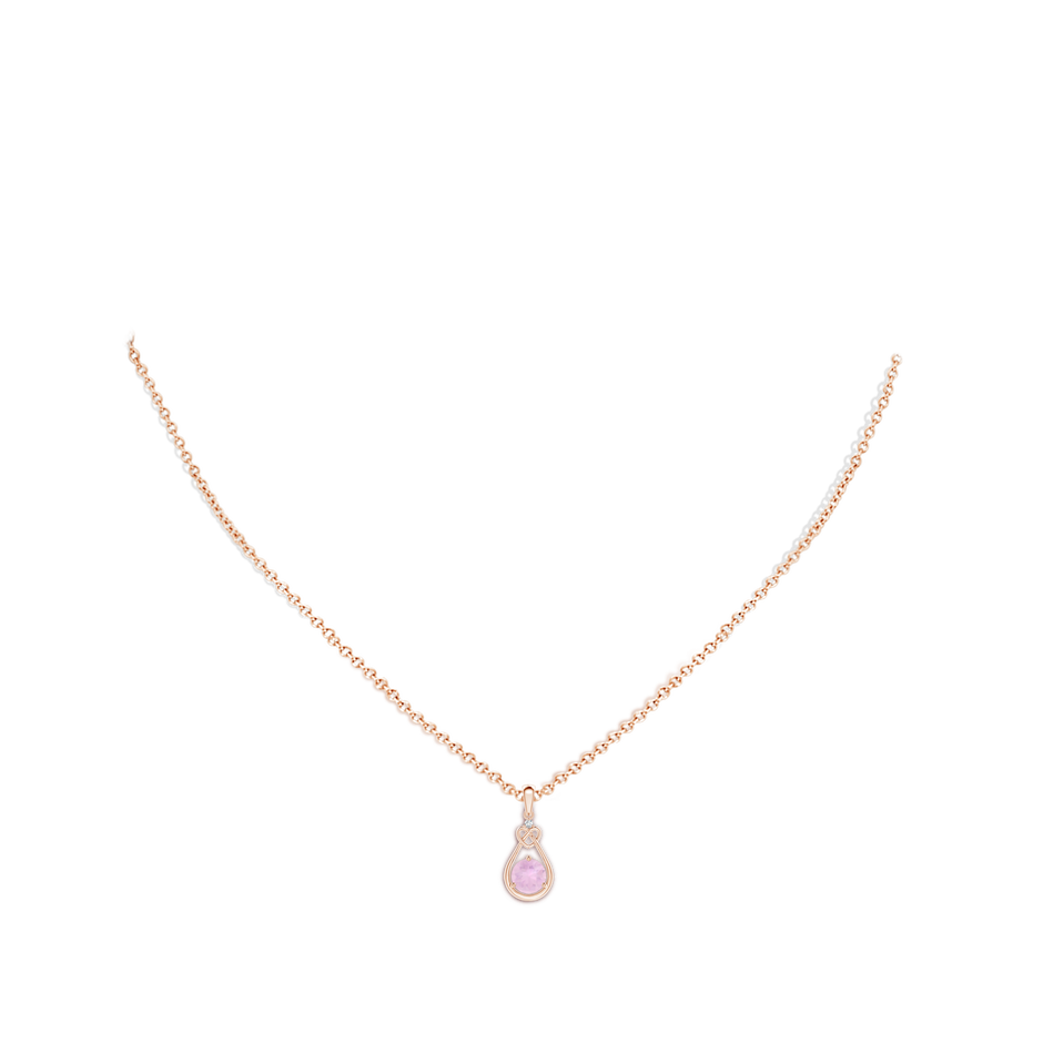5mm AAAA Rose Quartz Knotted Heart Pendant with Diamond in Rose Gold body-neck