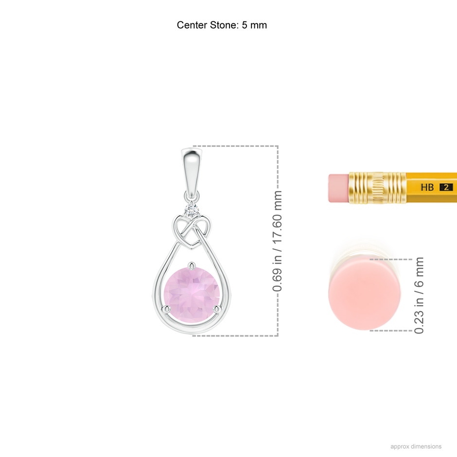 5mm AAAA Rose Quartz Knotted Heart Pendant with Diamond in White Gold ruler