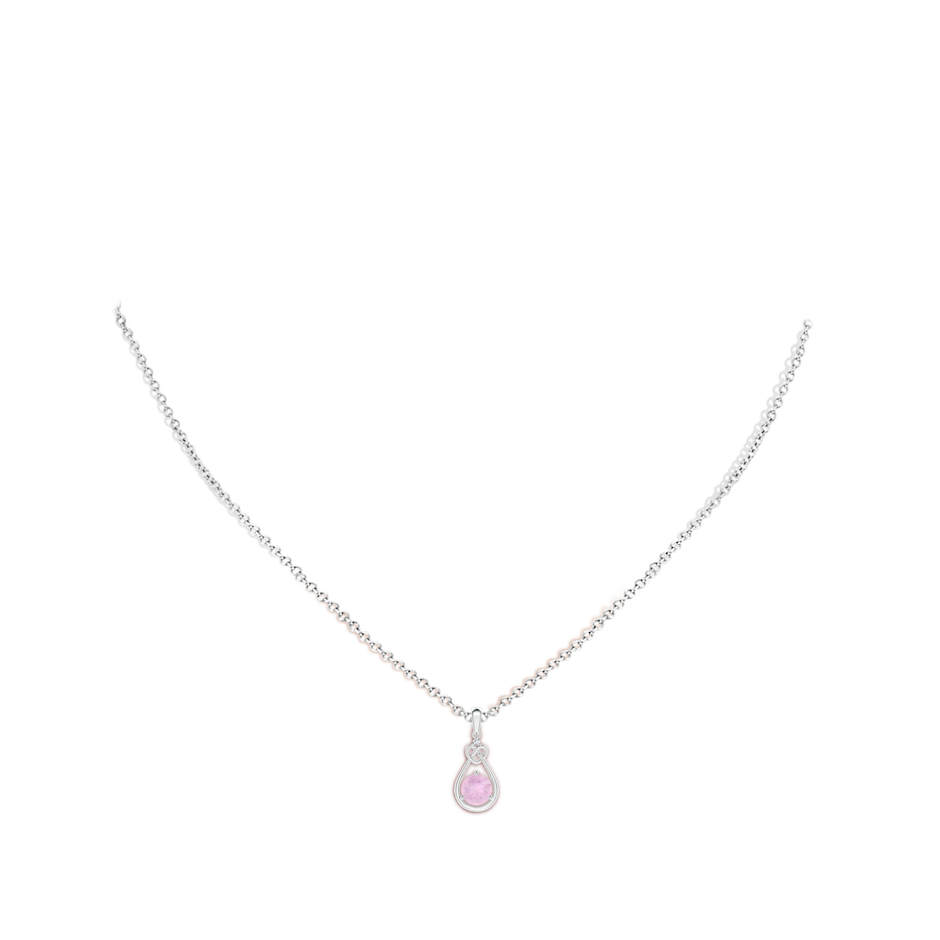 5mm AAAA Rose Quartz Knotted Heart Pendant with Diamond in White Gold body-neck