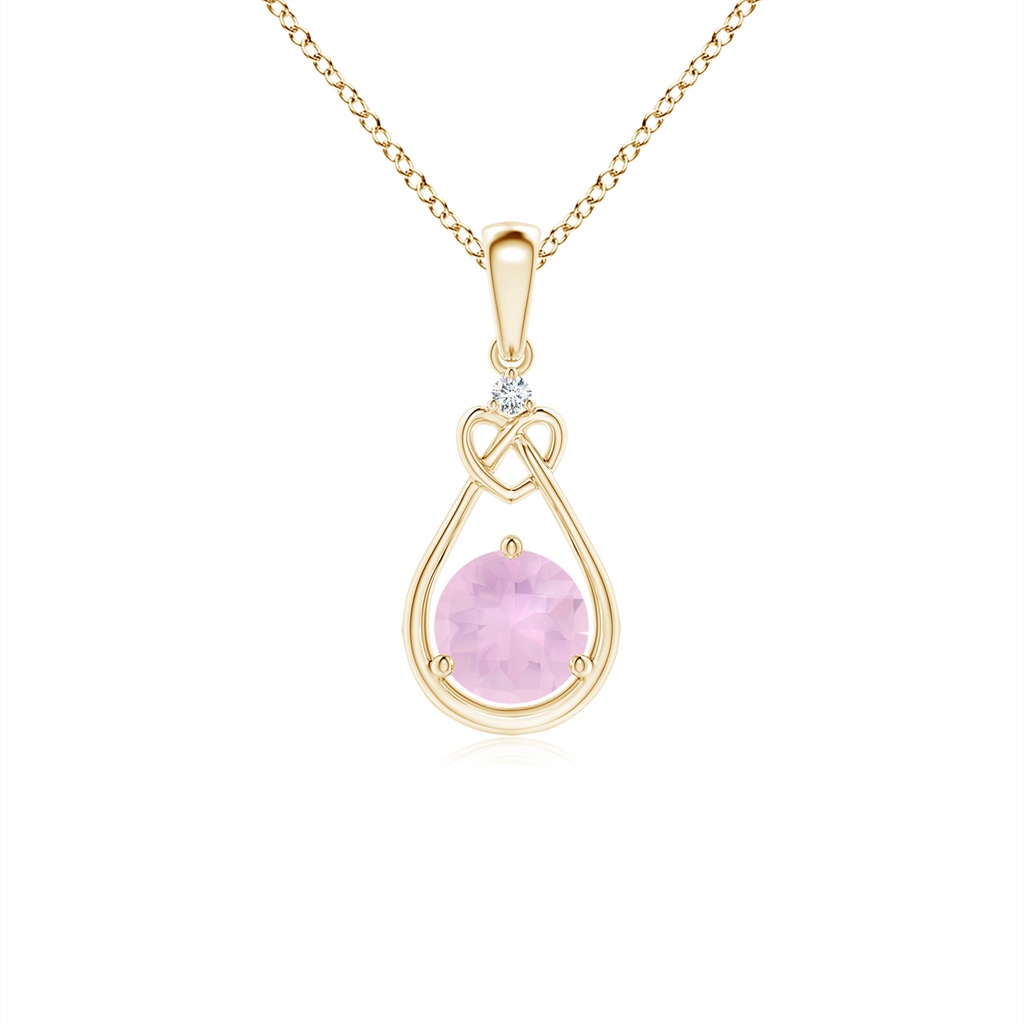 5mm AAAA Rose Quartz Knotted Heart Pendant with Diamond in Yellow Gold