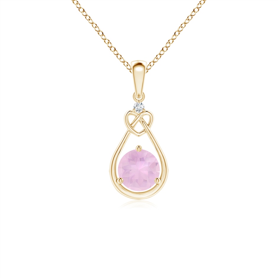 5mm AAAA Rose Quartz Knotted Heart Pendant with Diamond in Yellow Gold 