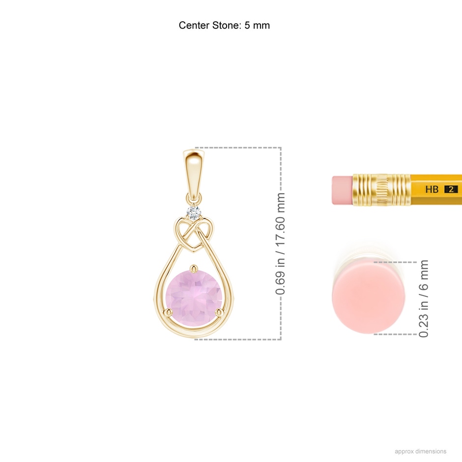 5mm AAAA Rose Quartz Knotted Heart Pendant with Diamond in Yellow Gold ruler