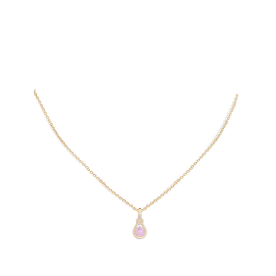 5mm AAAA Rose Quartz Knotted Heart Pendant with Diamond in Yellow Gold body-neck