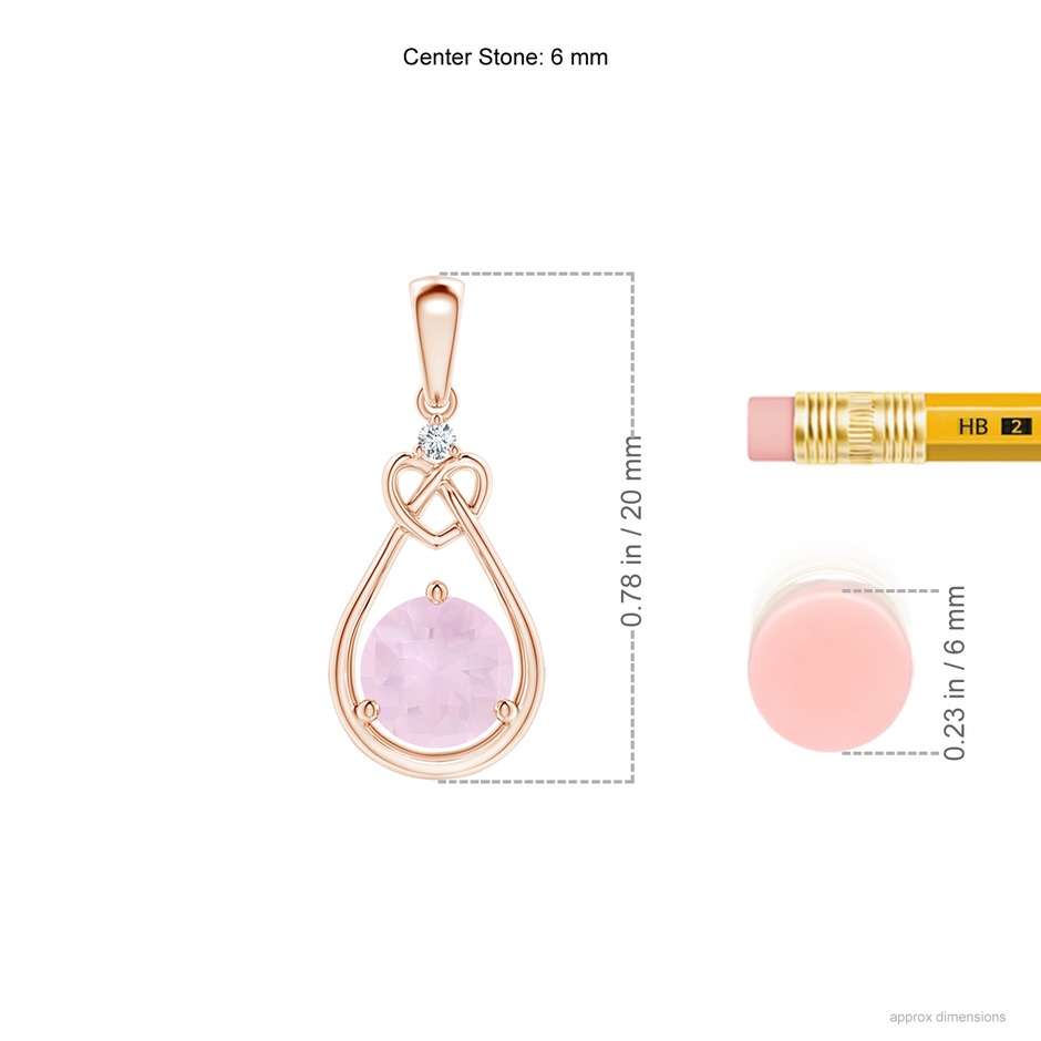 6mm AA Rose Quartz Knotted Heart Pendant with Diamond in Rose Gold ruler