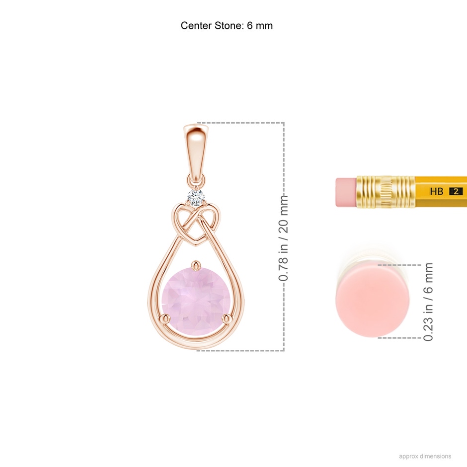 6mm AAA Rose Quartz Knotted Heart Pendant with Diamond in Rose Gold ruler