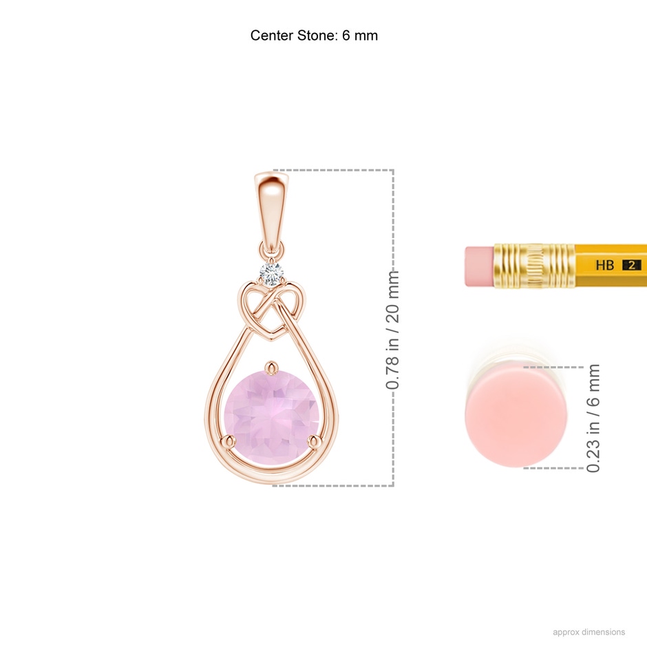 6mm AAAA Rose Quartz Knotted Heart Pendant with Diamond in Rose Gold ruler