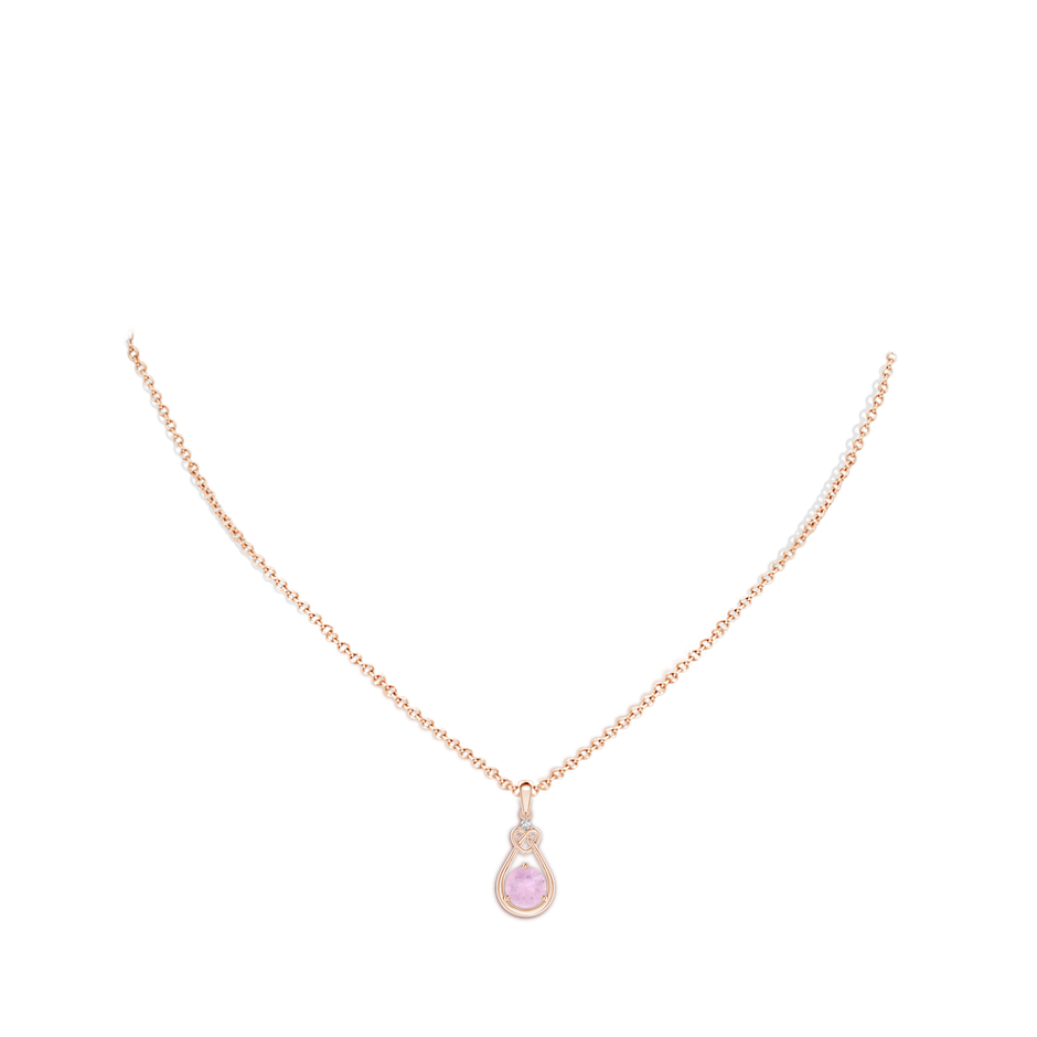 6mm AAAA Rose Quartz Knotted Heart Pendant with Diamond in Rose Gold body-neck