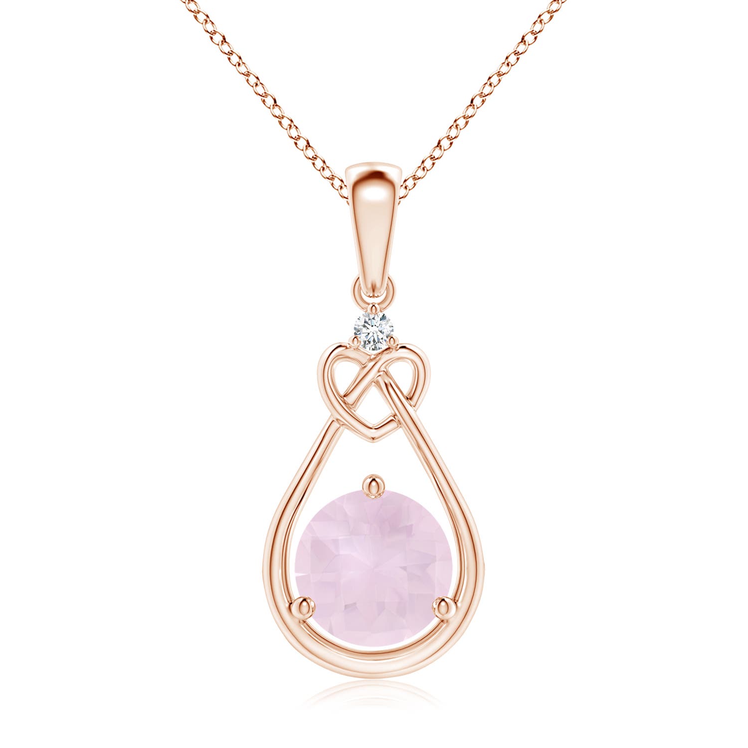 7mm A Rose Quartz Knotted Heart Pendant with Diamond in Rose Gold