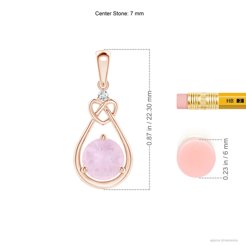 7mm AA Rose Quartz Knotted Heart Pendant with Diamond in Rose Gold ruler