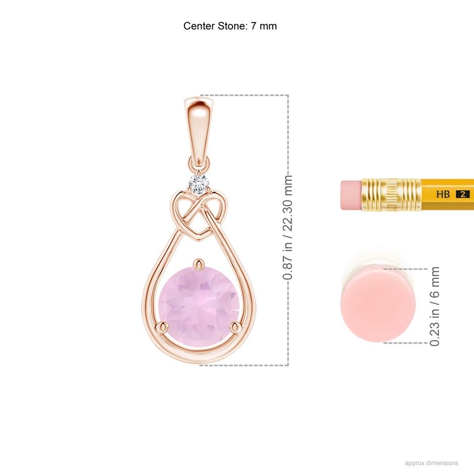 7mm AAAA Rose Quartz Knotted Heart Pendant with Diamond in Rose Gold ruler