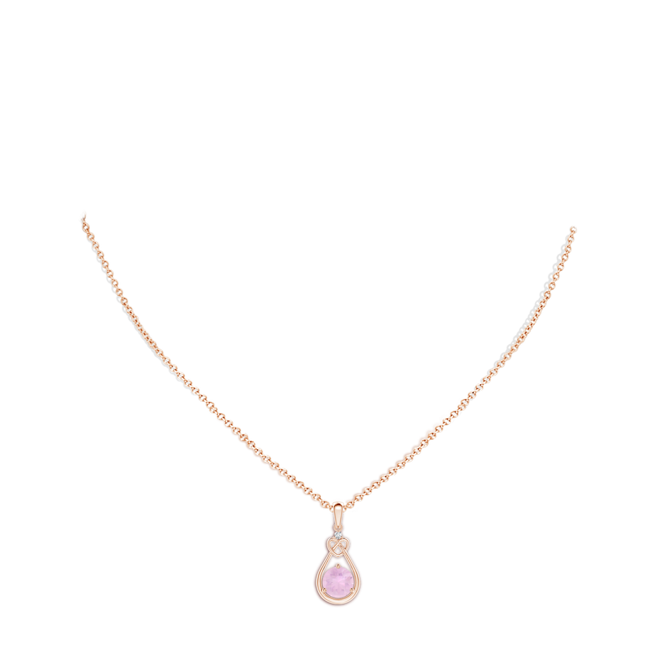 7mm AAAA Rose Quartz Knotted Heart Pendant with Diamond in Rose Gold body-neck