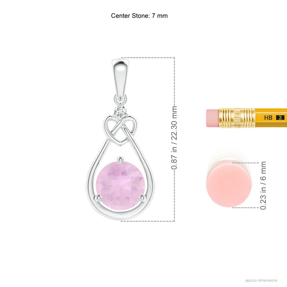 7mm AAAA Rose Quartz Knotted Heart Pendant with Diamond in White Gold ruler