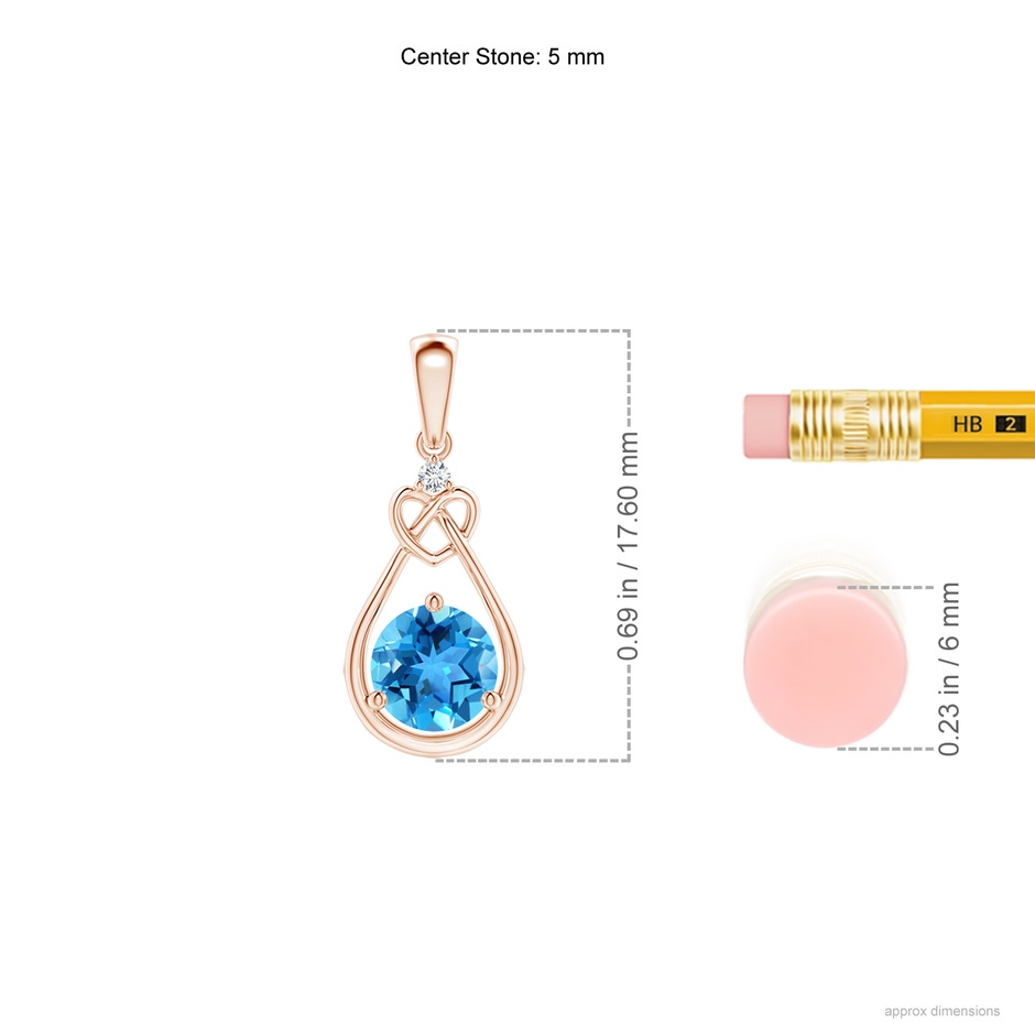 5mm AAA Swiss Blue Topaz Knotted Heart Pendant with Diamond in Rose Gold ruler