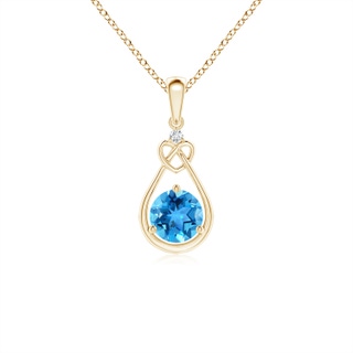 5mm AAA Swiss Blue Topaz Knotted Heart Pendant with Diamond in Yellow Gold