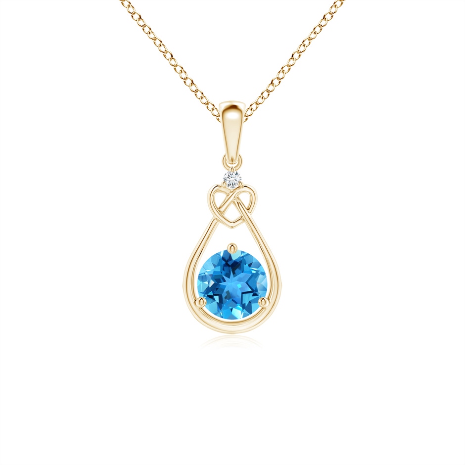 5mm AAA Swiss Blue Topaz Knotted Heart Pendant with Diamond in Yellow Gold 