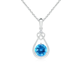 5mm AAAA Swiss Blue Topaz Knotted Heart Pendant with Diamond in 9K White Gold