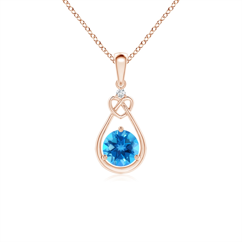 5mm AAAA Swiss Blue Topaz Knotted Heart Pendant with Diamond in Rose Gold