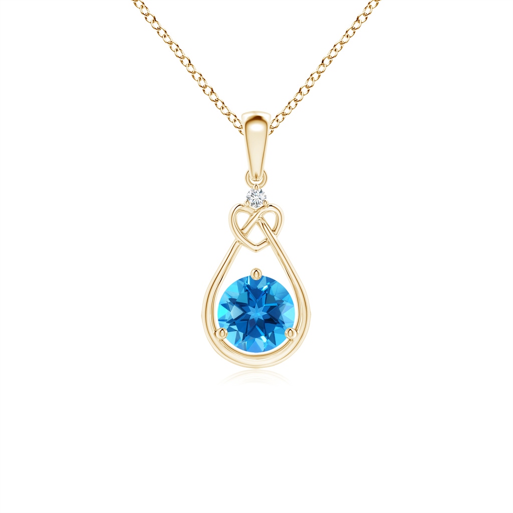 5mm AAAA Swiss Blue Topaz Knotted Heart Pendant with Diamond in Yellow Gold