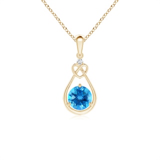 5mm AAAA Swiss Blue Topaz Knotted Heart Pendant with Diamond in Yellow Gold