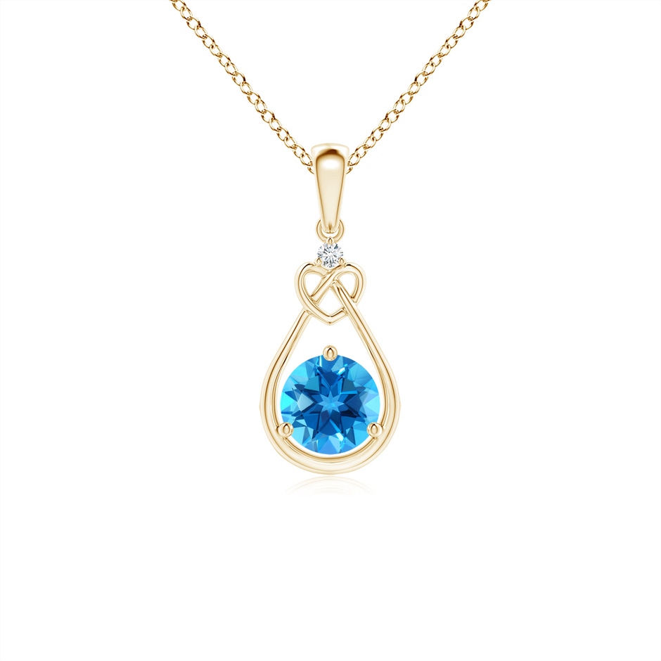 5mm AAAA Swiss Blue Topaz Knotted Heart Pendant with Diamond in Yellow Gold 