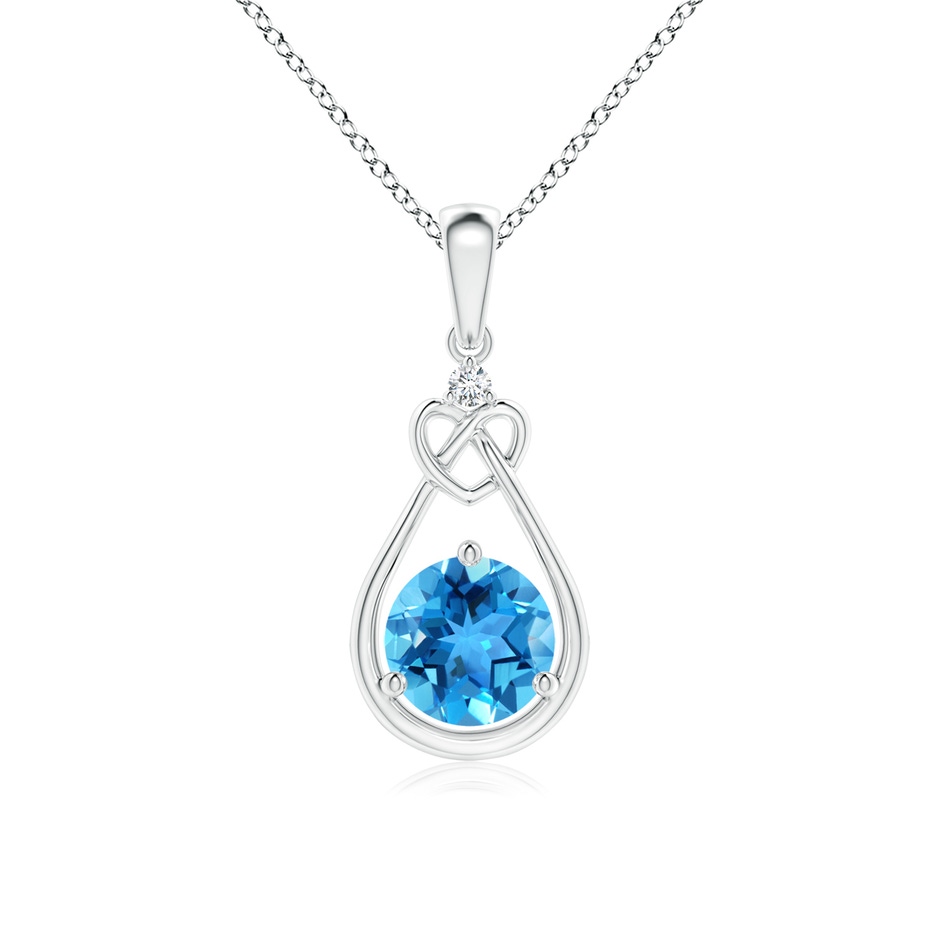 6mm AAA Swiss Blue Topaz Knotted Heart Pendant with Diamond in White Gold 