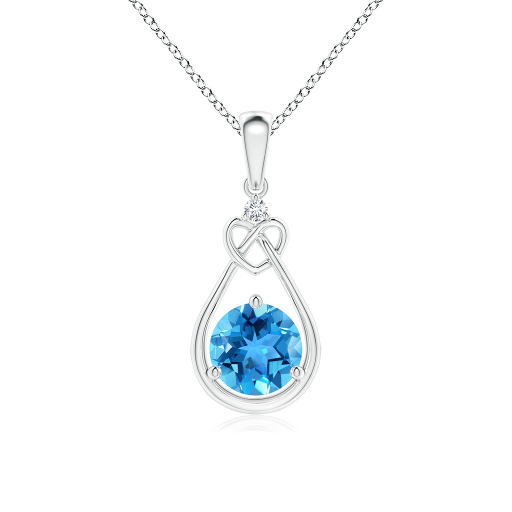 6mm AAA Swiss Blue Topaz Knotted Heart Pendant with Diamond in White Gold