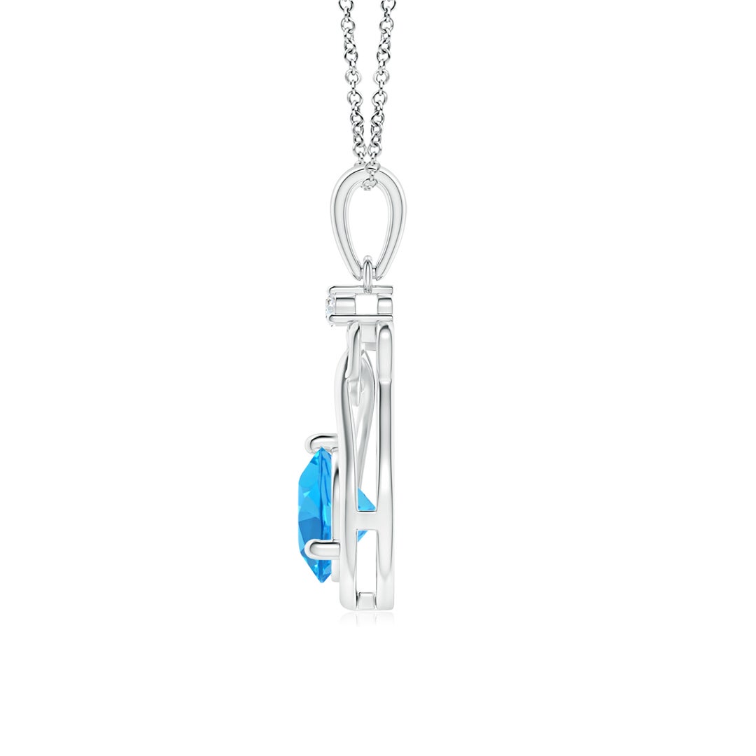 6mm AAA Swiss Blue Topaz Knotted Heart Pendant with Diamond in White Gold - side 1